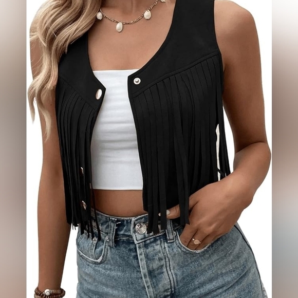 SweatyRocks Women's Suede Fringe Trim Sleeveless Crop Vest Size M - Picture 2 of 8